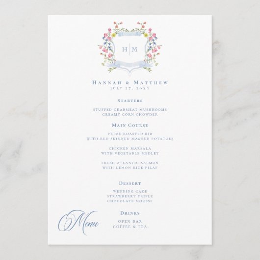 Menu Elegant Dusty Blue Pastel Wildflower Crest Wedding (Devant)