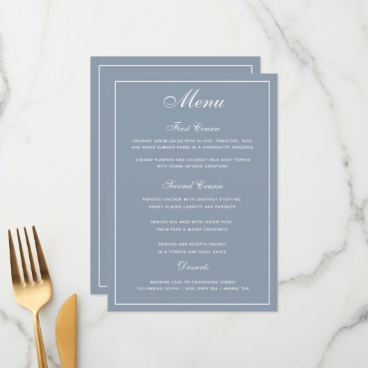 Menu Elegant Dusty Blue White Script Wedding (Voorkant / Achterkant in situ)