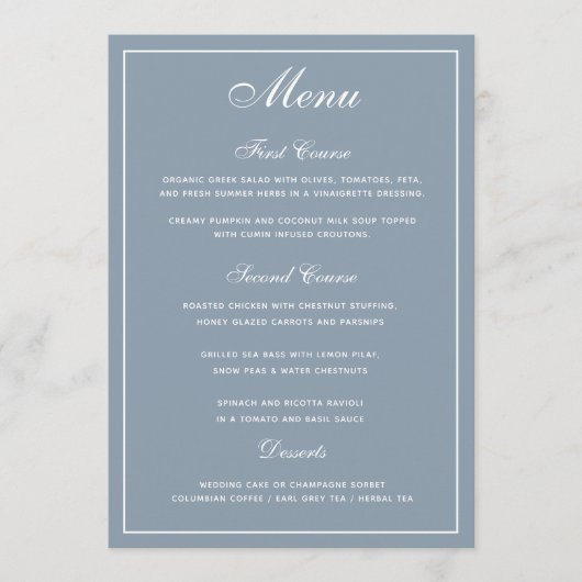 Menu Elegant Dusty Blue White Script Wedding (Voorkant)