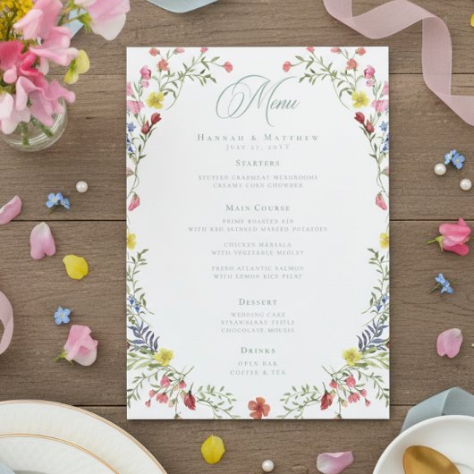 Menu Elegant Dusty Sage Pastel Wildflower Crest Wedding
