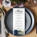 Menu Elégant Dusty Steel Blue Rose Réflexions Mariage<br><div class="desc">Ce beau menu ajoutera un peu de style à votre réception de mariage. Il présente un design magnifique et romantique avec un seul rose couleur bleu ou gris bleu en acier poussiéreux posé sur son côté, réfléchissant dans un bassin d'eau avec vagues et ondulations. Il y a de l'espace pour...</div>