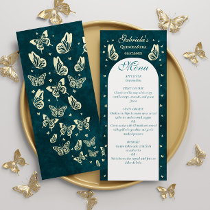 Menu Élégant Emerald Green Gold Butterflies Quinceañera