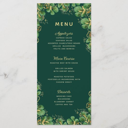 Menu Élégant Emerald Green & Gold Rustic Mariage (Devant)