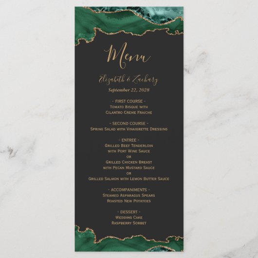 Menu Élégant Emerald Green Or Agate Mariage foncé (Devant)