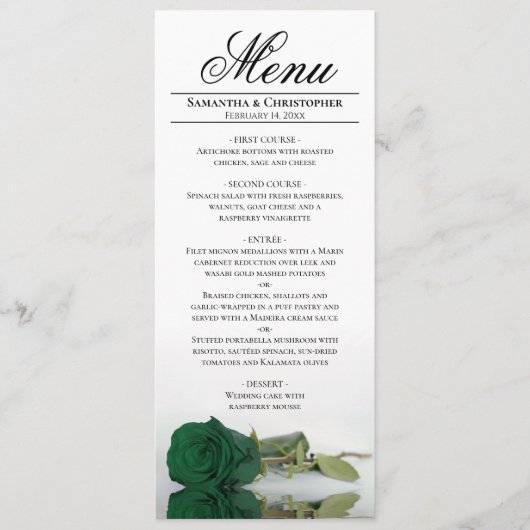 Menu Élégant Emerald Green Rose Réflexions Mariage (Devant)