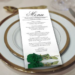 Menu Élégant Emerald Green Rose Réflexions Mariage<br><div class="desc">Ce beau menu ajoutera un peu de style à votre réception de mariage. Il présente un design magnifique et romantique avec un seul rose couleur vert émeraude posé sur son côté, se reflétant dans un bassin d'eau avec vagues et ondulations. Il y a de l'espace pour les noms du couple...</div>