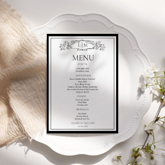 Menu Élégant et Chic de la douche de la mariée pou