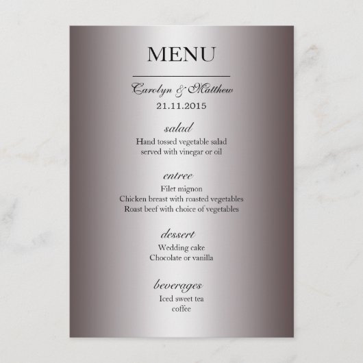 Menu élégant et classe pour mariage argenté (Devant)