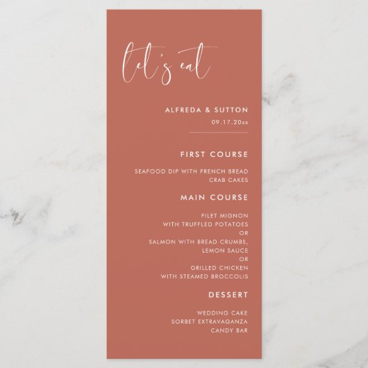 Menu Elégant et moderne Argile rouge Mangeons mariage (Devant)