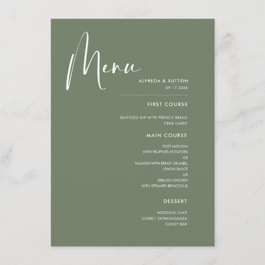 Menu Elégant et moderne mariage vert sauge (Devant)