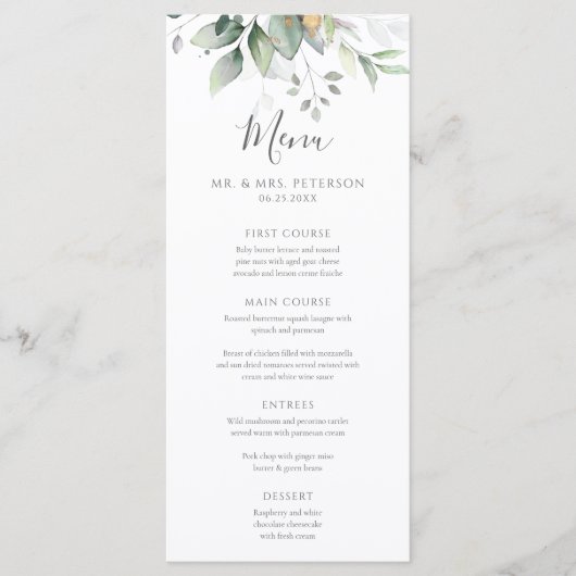 Menu Elégant Eucalyptus Feuille Mariage or vert (Devant)