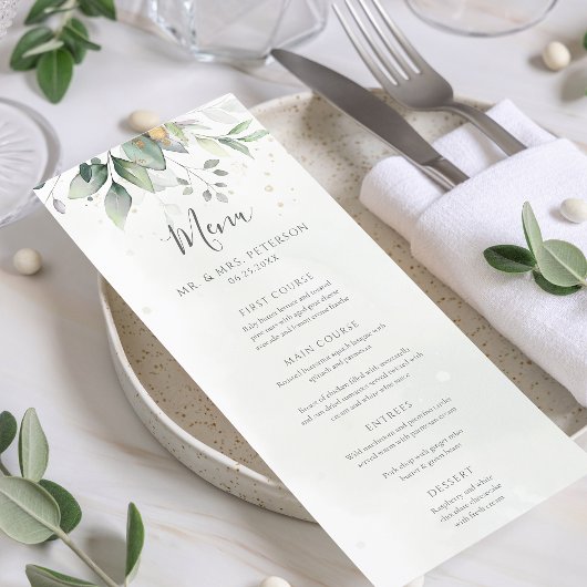Menu Elégant Eucalyptus Feuille Mariage or vert