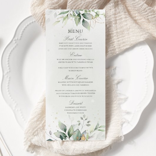 Menu Elégant Eucalyptus Feuille Mariage or vert