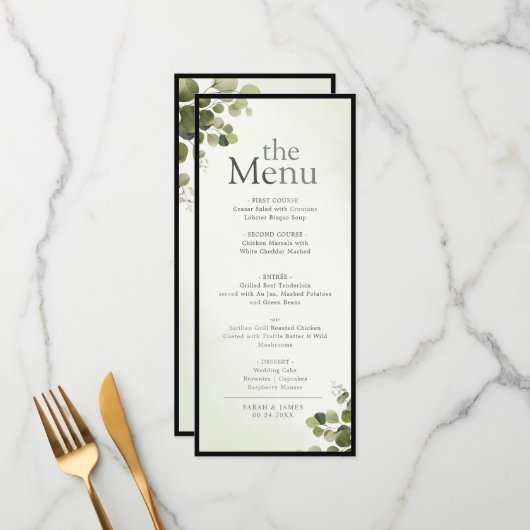 Menu Elégant Eucalyptus Feuille Rustique dîner budget (Devant/Arrière en situation)