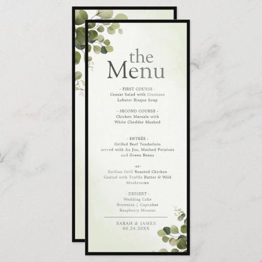 Menu Elégant Eucalyptus Feuille Rustique dîner budget (Devant / Derrière)