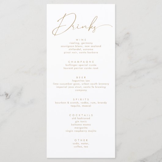 Menu Elégant Faux Gold Script Calligraphie Boissons Men (Devant)