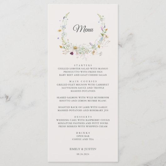 Menu Elégant Fleur sauvage Aquarelle Wreath Mariage bei (Devant)