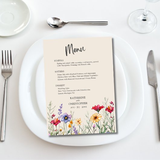 Menu Elégant Fleur sauvage coloré Mariage beige