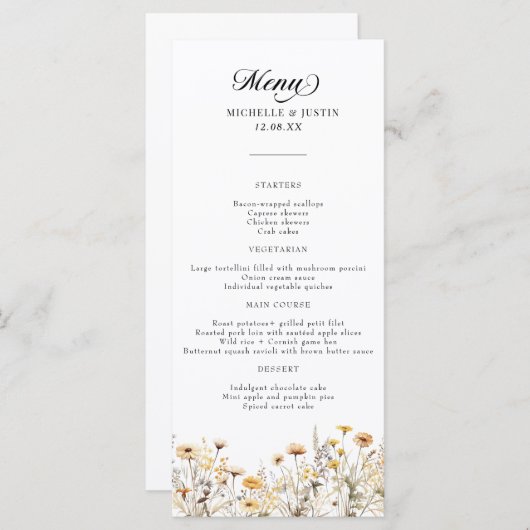 Menu Élégant Fleur sauvage de calligraphie Mariage (Devant / Derrière)