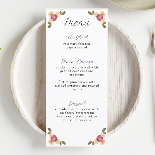 Menu Elégant Fleur sauvage habillé de jardin mariage