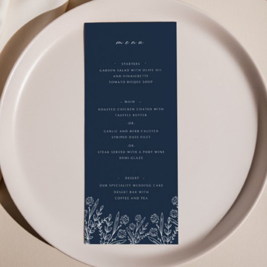 Menu Elégant Fleur sauvage Marine Blue Mariage Dîner Me