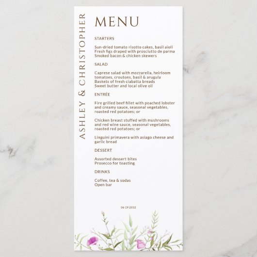 Menu Élégant Fleur sauvage moderne blanc & Mariage de b (Devant)