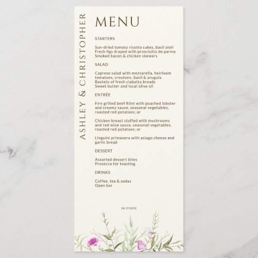 Menu Élégant Fleur sauvage moderne Mariage off-White (Devant)