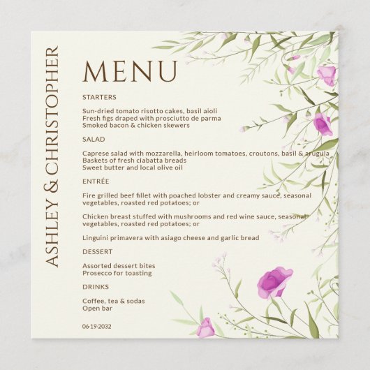 Menu Élégant Fleur sauvage moderne Mariage off-White (Devant)