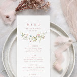 Menu Elégant Fleur sauvage rose Dusty Rustic Boho Maria<br><div class="desc">Elégant design délicat fleur sauvage aquarelle, avec personnalisation de vos propres détails. Palettes pastel de rose pâle, blanc cassé, beige, bleu poussiéreux, rose poussiéreux, verdure botanique, sobre et romantique. De superbes menus à fleurs mariage pour mariage rustique moderne, mariage de jardin de campagne et mariage boho au printemps et en...</div>