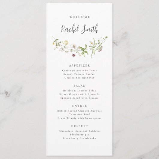 Menu Elégant Fleur sauvage Rustic Boho Mariage Nom d'hô (Devant)