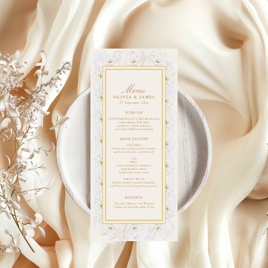 Menu Élégant Fleurs Blanches Ivoire Bordure Or