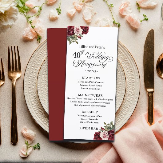 Menu Élégant Floral 40e Anniversaire de Mariage