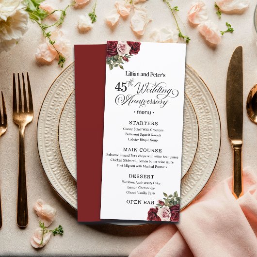 Menu Élégant Floral 45e Anniversaire de Mariage