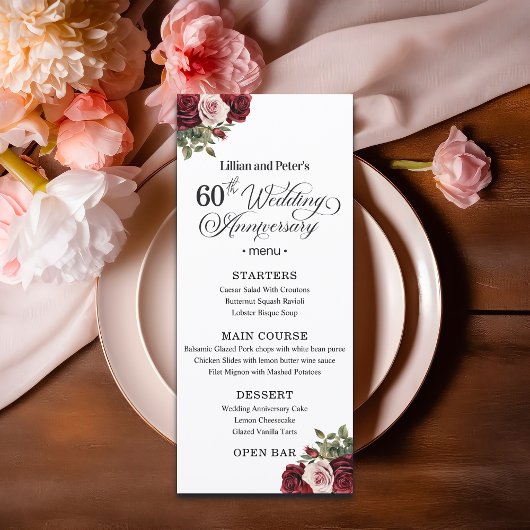Menu Elegant Floral 60th Wedding Anniversary