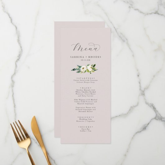 Menu Élégant floral blanc | Blush Mauve Dîner Mariage (Devant/Arrière en situation)