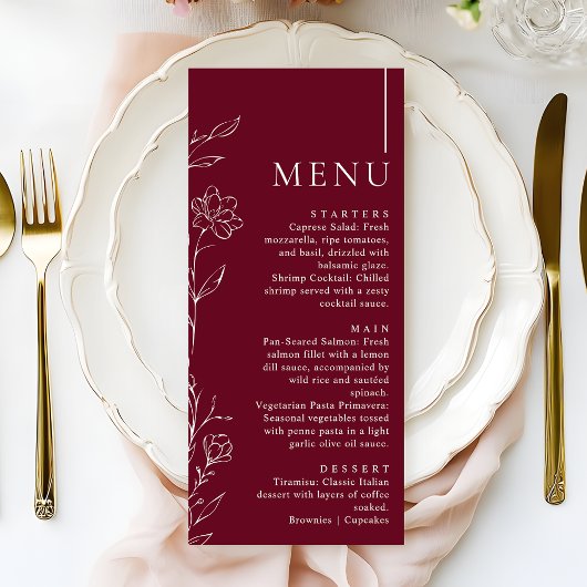 Menu Elegant Floral Burgundy Formal Wedding Dinner