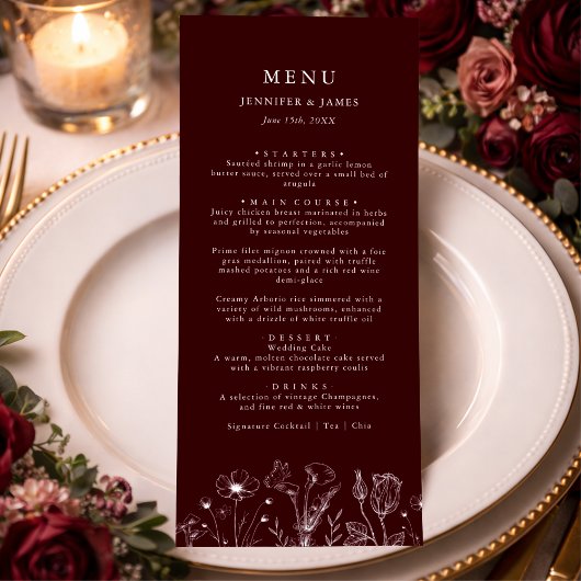 Menu Elegant Floral Burgundy Wedding 