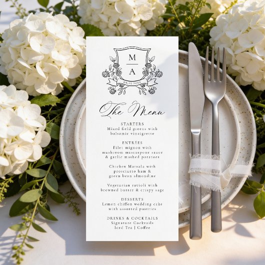 Menu Elegant Floral Crest Monogram Wedding