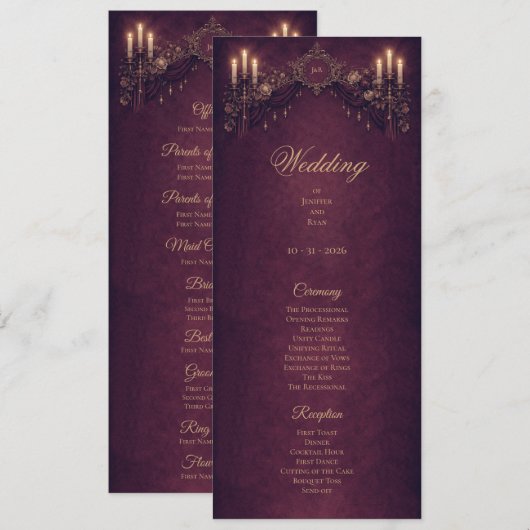 Menu Elegant floral Gothic Halloween Wedding Program (Devant / Derrière)