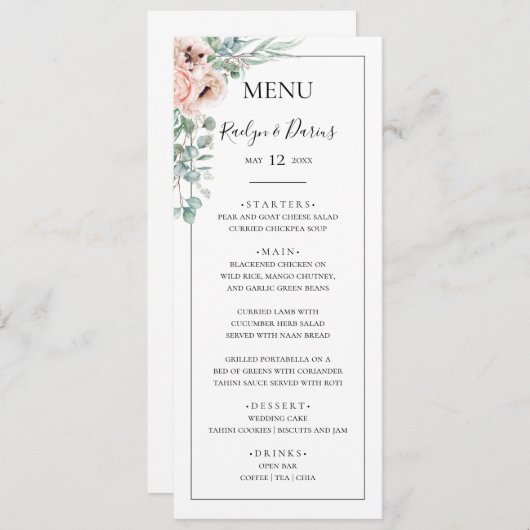 Menu Élégant flou | Dîner Mariage Black Frame (Devant / Derrière)