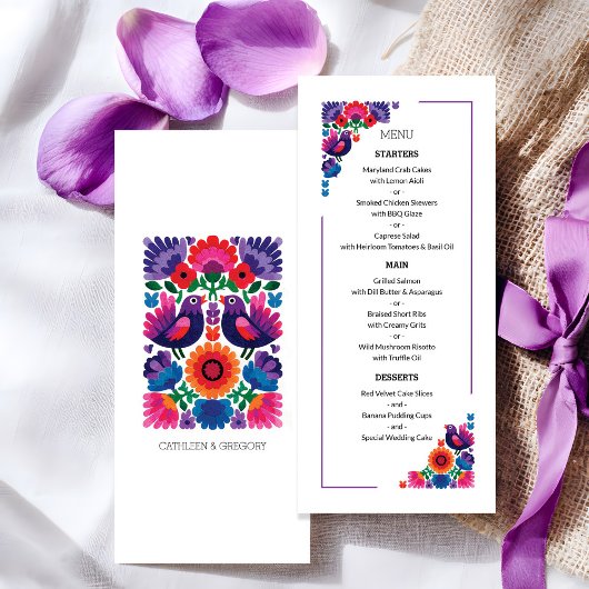 Menu Elegant Folk Birds and Flowers Wedding Pattern