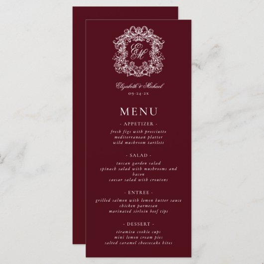 Menu Elegant Formal Monogram Crest Burgundy Wedding (Devant / Derrière)