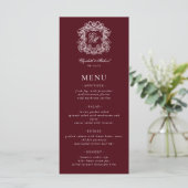 Menu Elegant Formal Monogram Crest Burgundy Wedding (Debout devant)