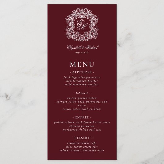 Menu Elegant Formal Monogram Crest Burgundy Wedding (Devant)