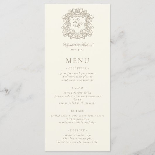 Menu Elegant Formal Monogram Crest Ivory Wedding (Devant)