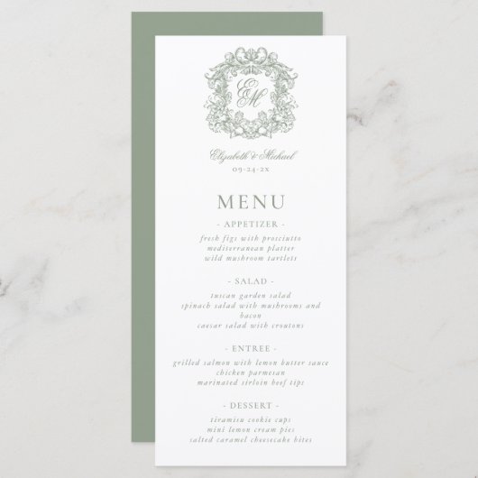 Menu Elegant Formal Monogram Crest Sage Green Wedding (Devant / Derrière)