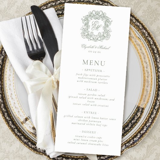 Menu Elegant Formal Monogram Crest Sage Green Wedding