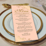 Menu Elégant Frills d'or sur le Mariage de plage de cor<br><div class="desc">Ce beau menu ajoutera un peu de style à votre réception de mariage. Il présente un design magnifique avec des boucles dorées ornées de faux feuille et des tourbillons sur un arrière - plan couleur orange pâle ou corail pêche. Il y a de l'espace pour les noms du couple et...</div>