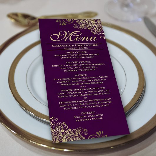 Menu Elégant Frills en or sur Plum Purple Mariage