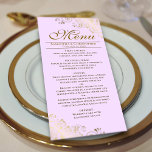 Menu Elégant Frills or sur Lilac Purple Mariage<br><div class="desc">Ce beau menu ajoutera un peu de style à votre réception de mariage. Il présente un design magnifique avec des boucles dorées et des tourbillons sur un arrière - plan couleur violet lilas clair. Il y a de l'espace pour les noms du couple et la date du mariage, et le...</div>